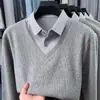 Camisa de Tricô Masculina Dois em Um Estilo Old Money Outono 2026 Nova Camisa Casual Masculina com Gola Imitação de Caxemira