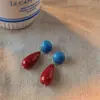 Pendientes de Resina Color Vino Tinto, Gotas de Agua Rojas y Azules, Estilo Retro de Belleza de Hong Kong, Pendientes de Celebridad de Internet, Mismo Estilo que el Blogger para Mujer, Rojos