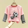 Camiseta Infantil de Algodão Puro Patchwork Manga Longa Primavera e Outono Novo Estilo Meninos Estampa de Desenho Animado Top Bonito Camada Base para Bebê Camiseta Tendência