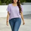 2026 Suprimento Especial Transfronteiriço Roupas Femininas Europeias e Americanas Tamanho Plus Camiseta Gola Redonda Babado Mangas Flare Solta Emagrecedora Top de Verão