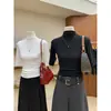 Camiseta lisa minimalista versátil de manga três quartos estilo coreano para dama elegante gola semimangá ombro normal ombro a ombro elástico modelagem slim