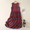 Vestido sin mangas a cuadros con cuello redondo para mujer, Vestido de línea A, Adelgazante, Estilo artístico, Vestido largo tipo tank top, Falda con dobladillo amplio