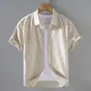 9048 Camisa de Lino de Manga Corta de Verano para Hombre Camisa Casual de Algodón y Lino con Cuello Cuadrado para Hombre Top de Lino de Color Sólido de Media Manga