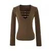 Ropa de Mujer al por Mayor Transfronteriza Estilo Europeo y Americano 2025 Otoño e Invierno Nuevo Pura Deseo Sexy Cuello en V Profundo Camiseta de Manga Larga Corte Ajustado Capa Base
