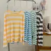 Camiseta de Punto a Rayas Bloque de Color Sexy Hombros Descubiertos Estilo Perezoso de Otoño Versátil de Manga Larga Protector Solar