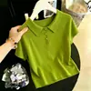 Nueva Camisa POLO de Verano 2026 Camiseta de Punto de Seda Helada de Manga Corta para Mujer con Cuello Campana y Diseño de Hombro Regular