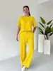 Conjunto Casual de Calças Longas Outono Europeu e Americano Estação Independente Transfronteiriça Conjunto de Duas Peças Feminino de Cor Sólida com Top de Manga Curta e Calças Longas