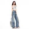 Jeans Largo Estilo Retro Americano 26Ss 2026, Lavado Primavera e Verão, Caimento Fluido, Estilo Preguiçoso, Comprimento Total, Modelagem Solta.