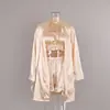 Pijama de Seda Artificial para Mujer de Principios de Otoño Europeo y Americano, Camisón de Manga Larga, Top de Tubo, Pantalones Cortos con Volantes, Conjunto de Tres Piezas, Ropa de Casa Transfronteriza