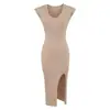 Vestido tejido sexy de manga corta con escote en V profundo, que realza la figura, corte ajustado, con abertura y diseño bodycon, falda de longitud media