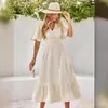 EBay Independent Station 2023 Casual Mulheres Europeias e Americanas Verão Novo Decote em V Manga Folha de Lótus Cor Sólida Vestido Feminino