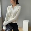 Camisa Polo de Tricô Selecionada Cuidadosamente para Mulheres, Cardigã de Manga Longa Novo Estilo com Design Patchwork, Blusa Artística para o Dia a Dia para Mulheres B8098