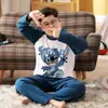 Pijama de algodón puro de manga larga para niños talla grande, para primavera y otoño, cuello redondo, conjunto de ropa de casa estilo caricatura para jóvenes, holgado y moderno