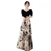 Vestido de Noche Negro Nuevo Vestido Casual Estampado Retro para Mujer Vestido Elegante para Banquetes Estilo Largo