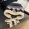 Balaclava de Tricô Vintage Fair Isle Feminina Outono Inverno Emagrecedor para o Rosto Gorro de Lã Aconchegante com Proteção para as Orelhas