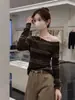 Suéter de Punto Rayado Retro Francés de Hombros Descubiertos y Mangas Largas para Mujer Otoño Nueva Llegada Diseño Adelgazante Suéter Base
