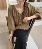 Chique coreano outono novo francês doce retrô xadrez fita manga longa camisa solta casual top para mulheres