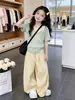 Conjunto de Verão para Meninas Menta Mambo Fashionável Estiloso Menina Grande Fofo Dopamina Manga Curta Calça Conjunto de Duas Peças