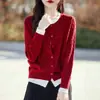 Cárdigan de lana fina con trenzado de punto de color contrastante y cuello redondo, con elementos de color contrastante, mangas largas, ligero y transpirable, adecuado para el uso diario en primavera y otoño.