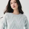 Suéter de Cachemira de Color Sólido para Mujer Cuello Redondo Tejido de Trenza 3D Suéter Grueso Holgado Estilo Perezoso Capa Base de Lana