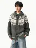 Cardigã de tricô Fair Isle com gola de botão de chifre, design de outono unissex, blocos de cor, jaqueta de tricô espessa
