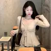 Camiseta de Manga Larga Estilo Puro Deseo para Mujer, Diseño de Otoño, Cintura con Cordón, Top Adelgazante