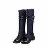 Botas de Couro Femininas de Cano Alto Color Block Estilo Europeu e Americano com Fivela de Cinto, Tamanhos Grandes 40-47