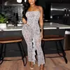 Estilo europeo y americano transfronterizo chica picante personalidad ropa de mujer ligeramente transparente ajustada a la cadera conjunto de pantalones sin tirantes sin mangas club nocturno delgado largo conjunto de dos piezas