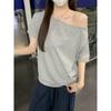 Algodón Puro Hombro Descubierto Combinable Manga Corta Primavera y Verano Nuevo Estilo Coreano Holgado Adelgazante Elegante Camiseta Top de Media Manga para Mujer