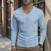 Comercio exterior transfronterizo primavera y verano nuevo para hombre algodón lino color liso cuello en V casual retro holgado manga larga camiseta camisa top