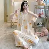 Pijama feminino verão manga curta plus size para menina gordinha camisola doce estilo princesa renda fofa roupa de casa