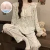 Pijama de Algodón Yunduo para Mujer Primavera y Otoño Estilo Delgado con Almohadilla en el Pecho Todo en Uno Mangas Largas Estilo Princesa Floral Conjunto de Ropa para el Hogar para Niña