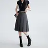 Falda plisada gris oscuro para mujer, nuevo estilo de verano, estilo universitario petite, falda de línea A adelgazante, falda midi de traje fluida