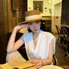 Chapéu de Palha Retrô Estilo Old Money com Topo Reto para Mulheres Chapéu de Proteção Solar para Verão na Praia Férias à Beira-Mar Chapéu de Sol de Palha Estilo Britânico