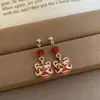 Pendientes de Aguja Plateada con Pétalos Rojos y Borlas de Diamantes, Pendientes Versátiles con Atmósfera de Año Nuevo, Pendientes Vintage para Mujer
