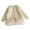 Nuevo cárdigan de punto con retazos de malla para niñas, top liso de encaje para bebé de primavera y otoño, chaqueta suéter para niños estilo coreano
