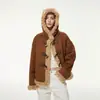 Nova jaqueta de camurça com capuz e pele de carneiro marrom para mulheres, estilo outono e inverno, tamanho pequeno, forrada com fleece e espessa
