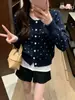 [Tejido similar al algodón] Cárdigan de punto retro azul con lunares, cuello redondo, manga larga, para mujer, corte holgado, adelgazante y casual para otoño