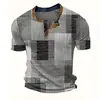 Camiseta retro de botão com meia-malha transpassada transfronteiriça, top pullover Henley casual de manga curta com estampa 3D slim fit para homens