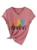 Beber de Día Amazon Ebay Sitio Independiente Moda Casual Camiseta de Manga Corta con Cuello en V para Mujer Camiseta Base Comercio Exterior
