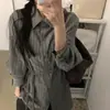 Ropa de mujer coreana Dongdaemun otoño nuevo estilo elegante femenino, camisa a rayas de manga larga con cinturón para mujer