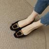 Zapatos Planos de Estilo Tweed con Bloques de Color, Punta Cuadrada, Boca Baja, Tacón Grueso para Mujer, Tacón Medio, Piel de Cabra, Hebilla Cuadrada Retro, Tacones Bajos Pequeños, Estilo Británico