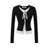 Tricô Spliced de Renda para Mulheres Estilosas 2025 Outono Novo Cardigan Curto de Tricô Falso Duas Peças com Decote V