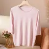 Verano Nuevo 60 Piezas Seda de Morera Manga Corta para Mujer Cuello Redondo Delgado Casual Camiseta de Punto Manga Media Camisa Base Venta al por Mayor