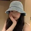 Sombrero de pescador de mezclilla vintage lavado estilo japonés con lazo para mujer, verano, circunferencia de cabeza grande, sombrero tipo cubo adelgazante para la cara, sombrero de protección solar