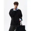 Sudadera con Cuello de Camisa Rayado Falsa de Dos Piezas para Hombre, Tallas Grandes, Moderna, Primavera y Otoño, Patrón de Espiga Texturizado, Top con Cuello de Solapa