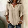 2026 Europeo y Americano Transfronterizo Amazon Sitio Independiente Verano Nuevo Mujer Cuello en V Color Sólido Botón Casual Manga con Volantes Camiseta