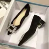 Sapatos Femininos de Salto Alto Estilo 2026 com Bico Fino e Strass, Versáteis para Primavera e Outono, Salto Bloco, Adequados para Pés Largos, Sapatos de Trabalho
