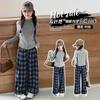Conjunto de Ropa para Niñas 2025 Nuevo Elegante Cárdigan Corto Ajustado Top de Manga Larga y Pantalones Casuales a Cuadros Conjunto de Dos Piezas para Niños Mayores