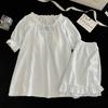 Novos Pijamas de Verão para Mulheres Algodão Nuvem Jacquard Renda Manga Curta Shorts Almofada Fixa no Peito Conjunto Doce para Usar em Casa